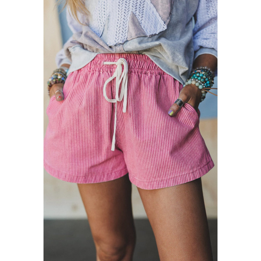 Sky Blue Stripe Drawstring Elastic Waist Casual Denim Shorts Bottoms/Denim Shorts