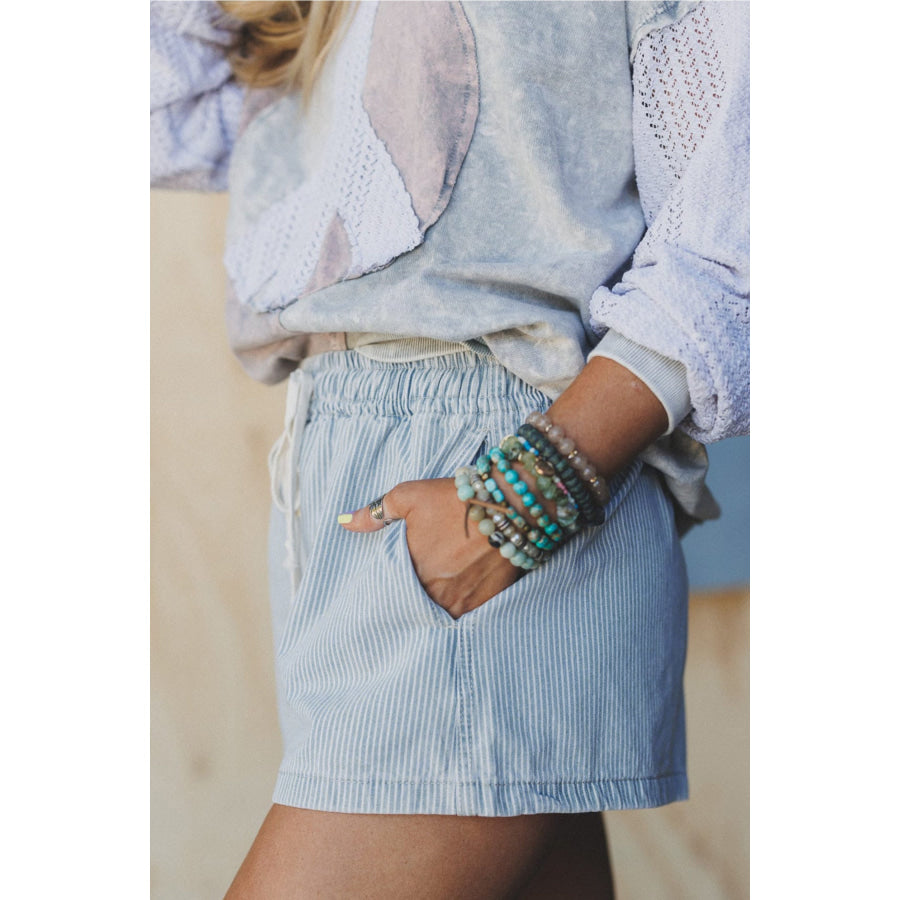 Sky Blue Stripe Drawstring Elastic Waist Casual Denim Shorts Bottoms/Denim Shorts