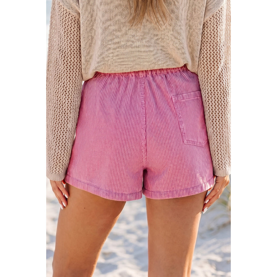 Sky Blue Stripe Drawstring Elastic Waist Casual Denim Shorts Bottoms/Denim Shorts