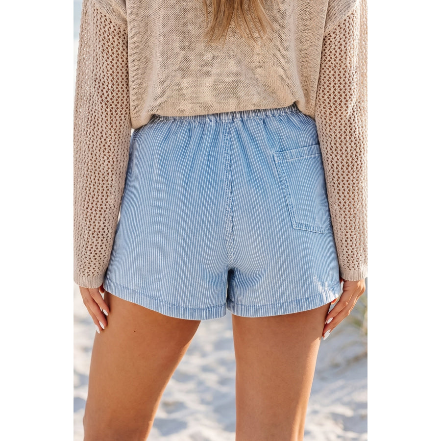 Sky Blue Stripe Drawstring Elastic Waist Casual Denim Shorts Bottoms/Denim Shorts