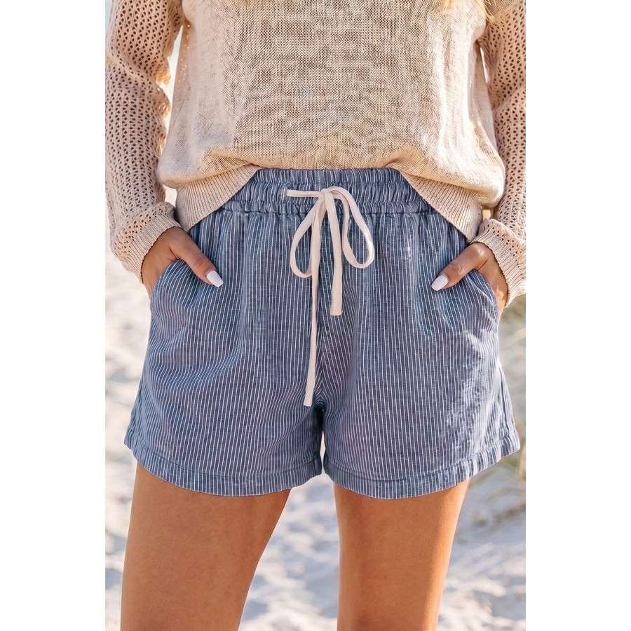 Sky Blue Stripe Drawstring Elastic Waist Casual Denim Shorts Blue Stripe / S / 85% Cotton + 15% Polyester Bottoms/Denim Shorts