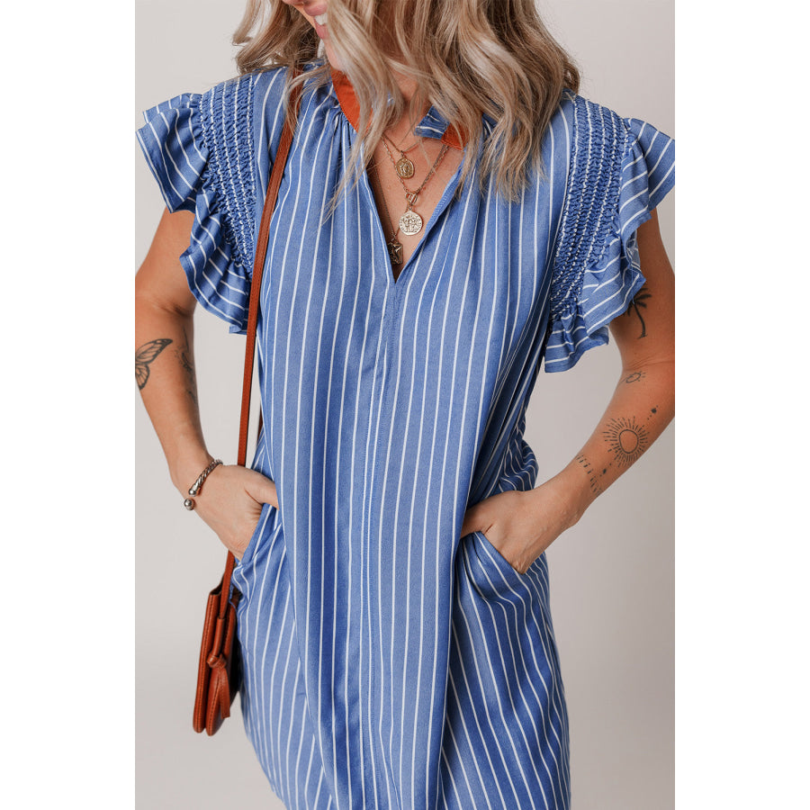 Sky Blue Stripe Frilly Split Neck Shirred Ruffle Sleeve Short Shift Dress Dresses/Mini Dresses