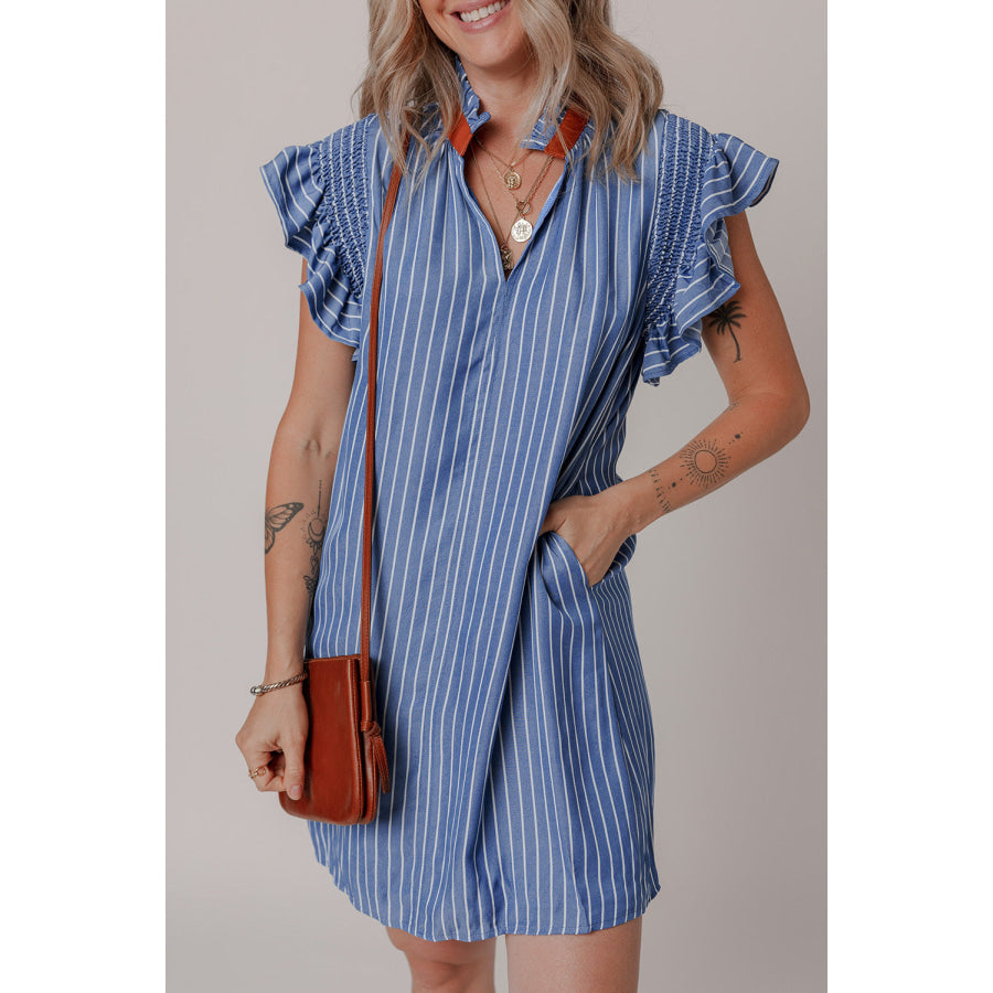 Sky Blue Stripe Frilly Split Neck Shirred Ruffle Sleeve Short Shift Dress Dresses/Mini Dresses