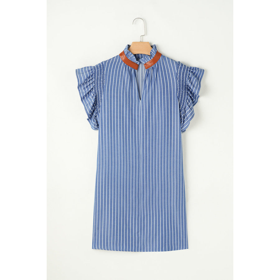 Sky Blue Stripe Frilly Split Neck Shirred Ruffle Sleeve Short Shift Dress Dresses/Mini Dresses
