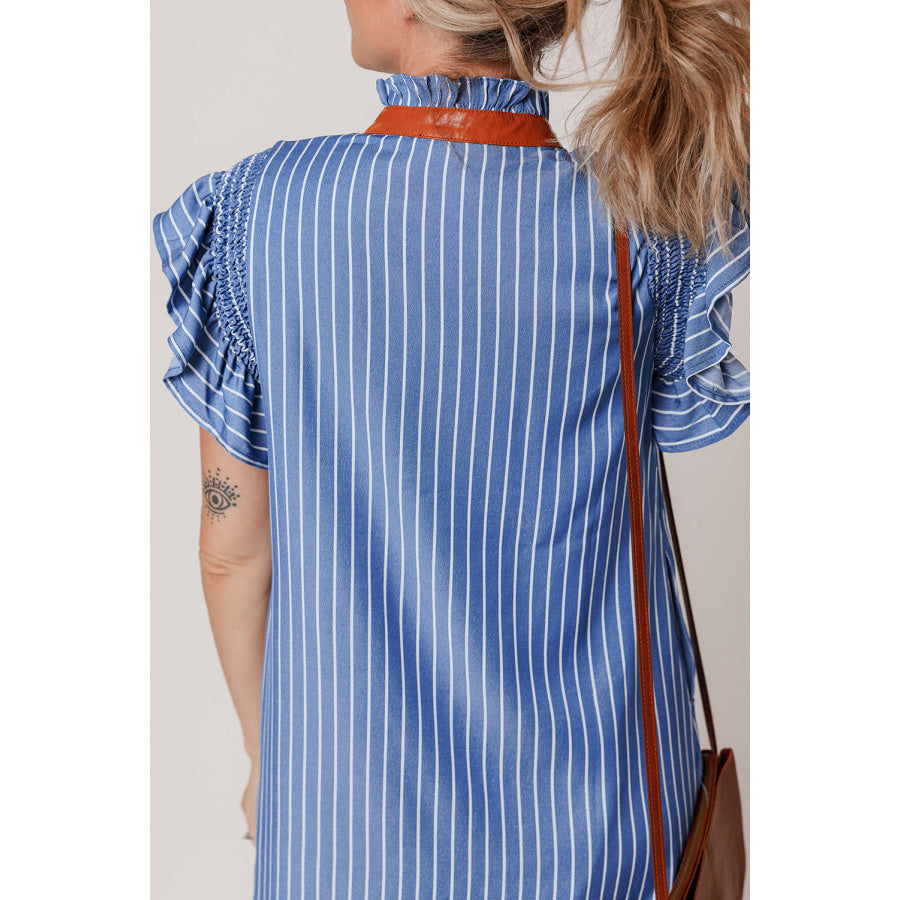 Sky Blue Stripe Frilly Split Neck Shirred Ruffle Sleeve Short Shift Dress Dresses/Mini Dresses