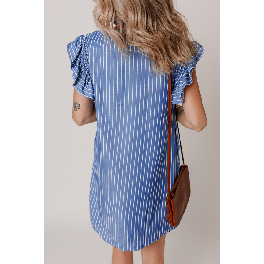 Sky Blue Stripe Frilly Split Neck Shirred Ruffle Sleeve Short Shift Dress Dresses/Mini Dresses