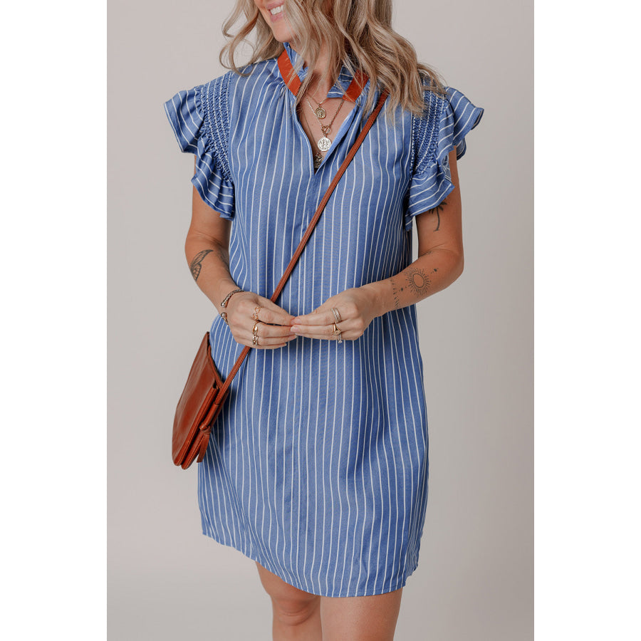 Sky Blue Stripe Frilly Split Neck Shirred Ruffle Sleeve Short Shift Dress Dresses/Mini Dresses