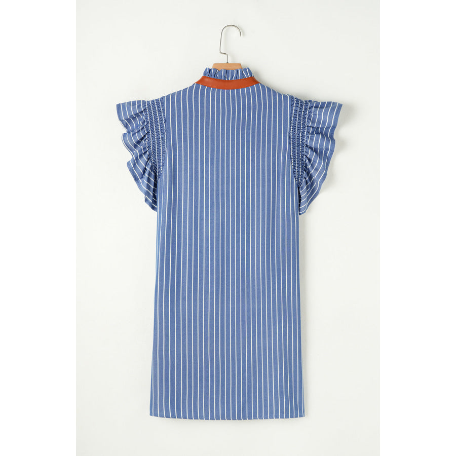 Sky Blue Stripe Frilly Split Neck Shirred Ruffle Sleeve Short Shift Dress Dresses/Mini Dresses