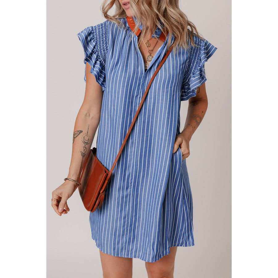 Sky Blue Stripe Frilly Split Neck Shirred Ruffle Sleeve Short Shift Dress Sky Blue Stripe / S / 50% Polyester + 50% Viscose Dresses/Mini
