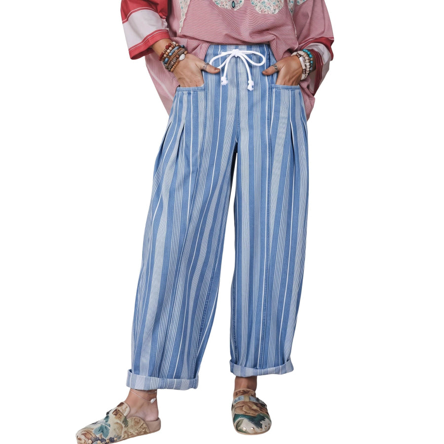 Sky Blue Stripe High Waist Wide Leg Lace Up Barrel Jeans Bottoms/Jeans
