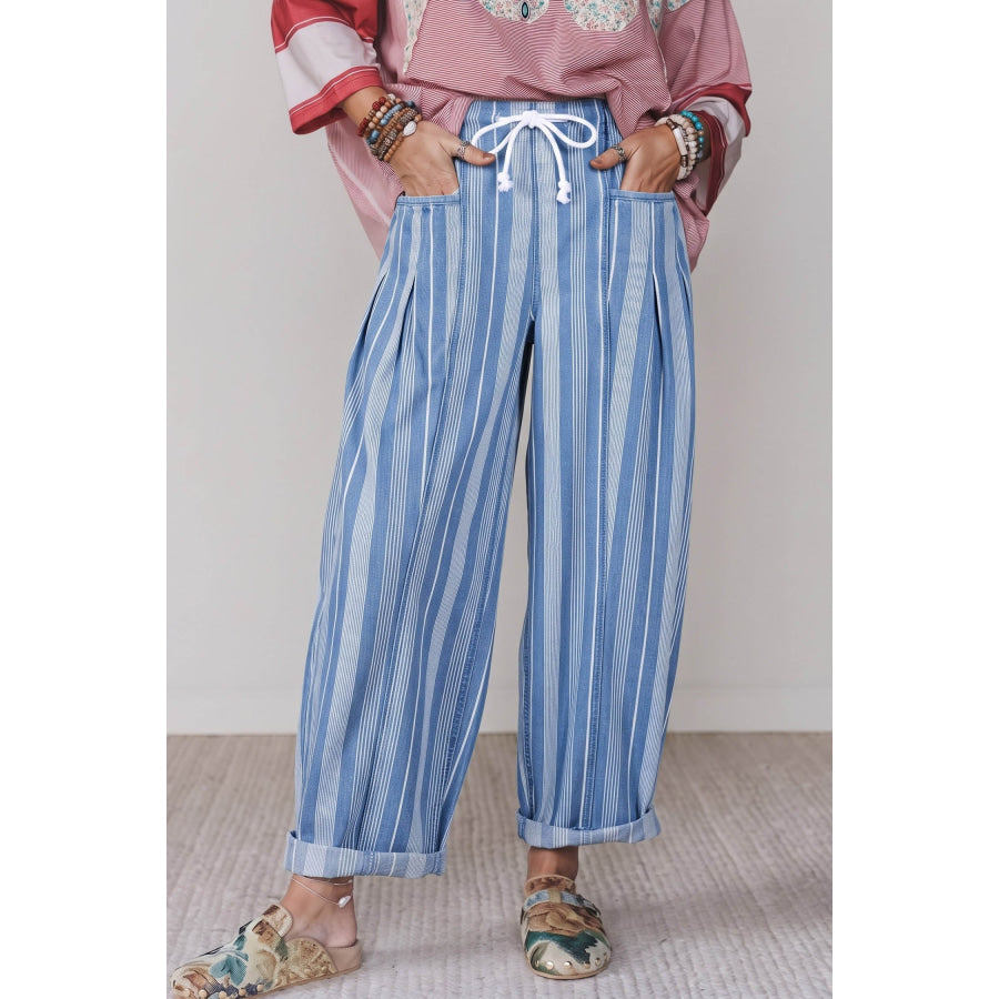 Sky Blue Stripe High Waist Wide Leg Lace Up Barrel Jeans Bottoms/Jeans