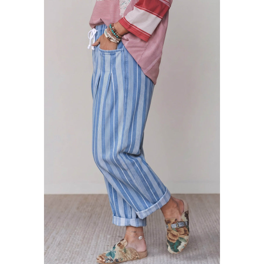 Sky Blue Stripe High Waist Wide Leg Lace Up Barrel Jeans Bottoms/Jeans