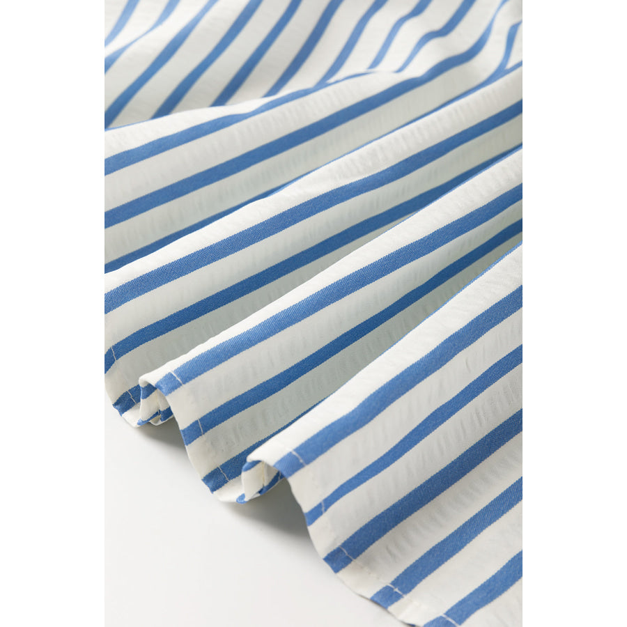 Sky Blue Stripe Knotted Bracelet Sleeve Notched Neck Shift Mini Dress Dresses/Mini Dresses