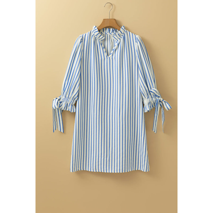 Sky Blue Stripe Knotted Bracelet Sleeve Notched Neck Shift Mini Dress Dresses/Mini Dresses