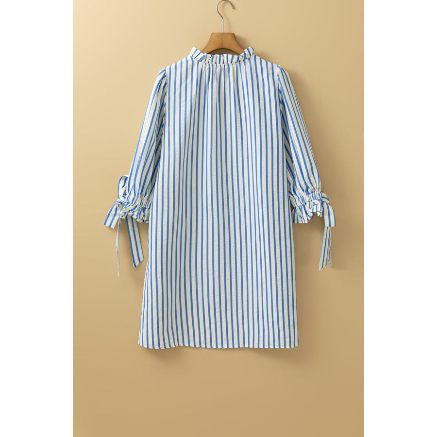 Sky Blue Stripe Knotted Bracelet Sleeve Notched Neck Shift Mini Dress Dresses/Mini Dresses