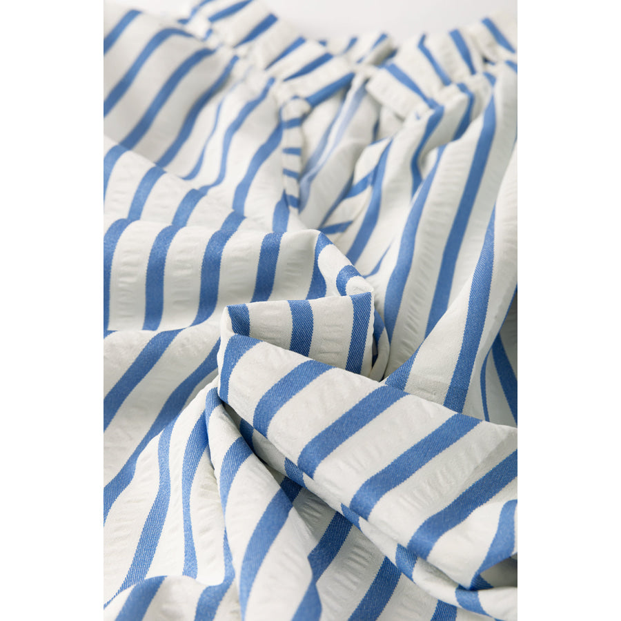 Sky Blue Stripe Knotted Bracelet Sleeve Notched Neck Shift Mini Dress Dresses/Mini Dresses