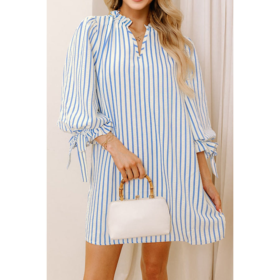 Sky Blue Stripe Knotted Bracelet Sleeve Notched Neck Shift Mini Dress Sky Blue Stripe / S / 100% Polyester Dresses/Mini Dresses