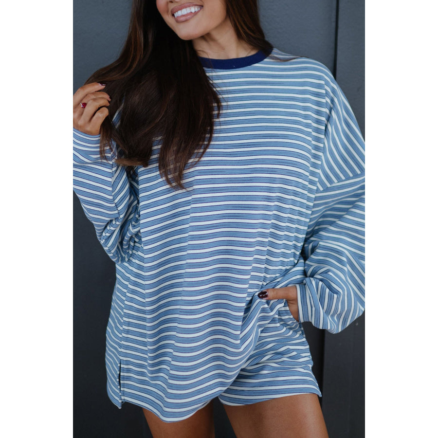 Sky Blue Stripe Long Sleeve Oversized Top Pocketed Casual Shorts Two Piece Set Sky Blue Stripe / S Two Piece Sets/Short Sets