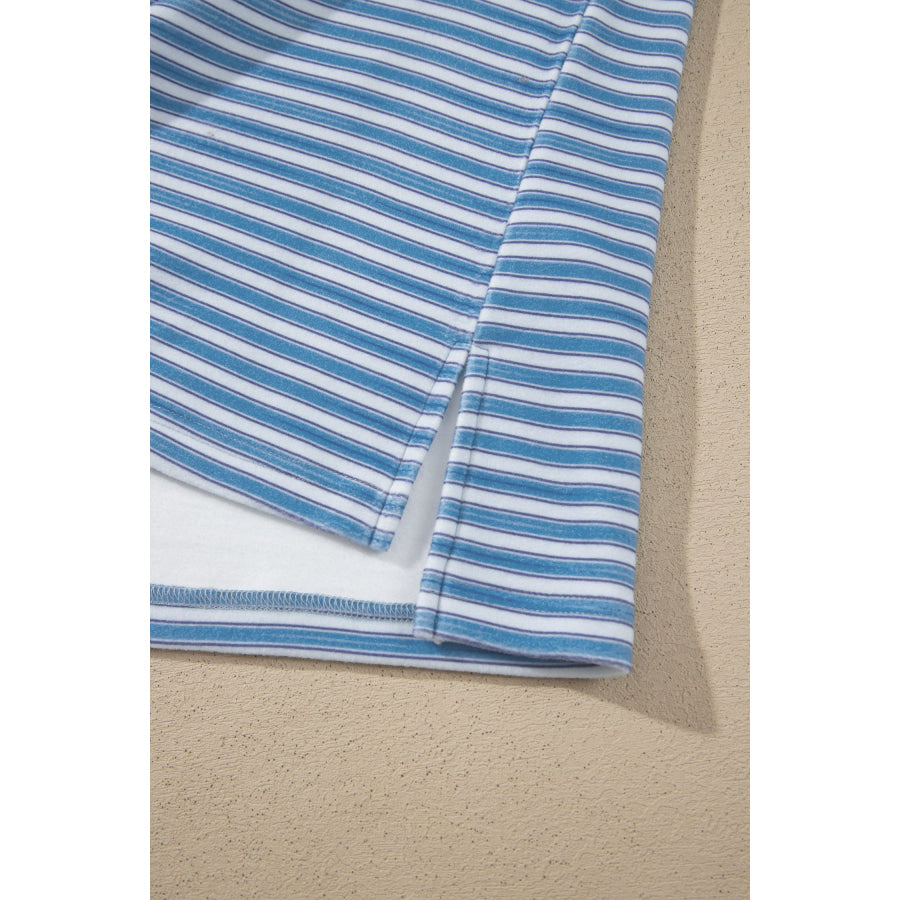 Sky Blue Stripe Long Sleeve Oversized Top Pocketed Casual Shorts Two Piece Set Sets/Short Sets