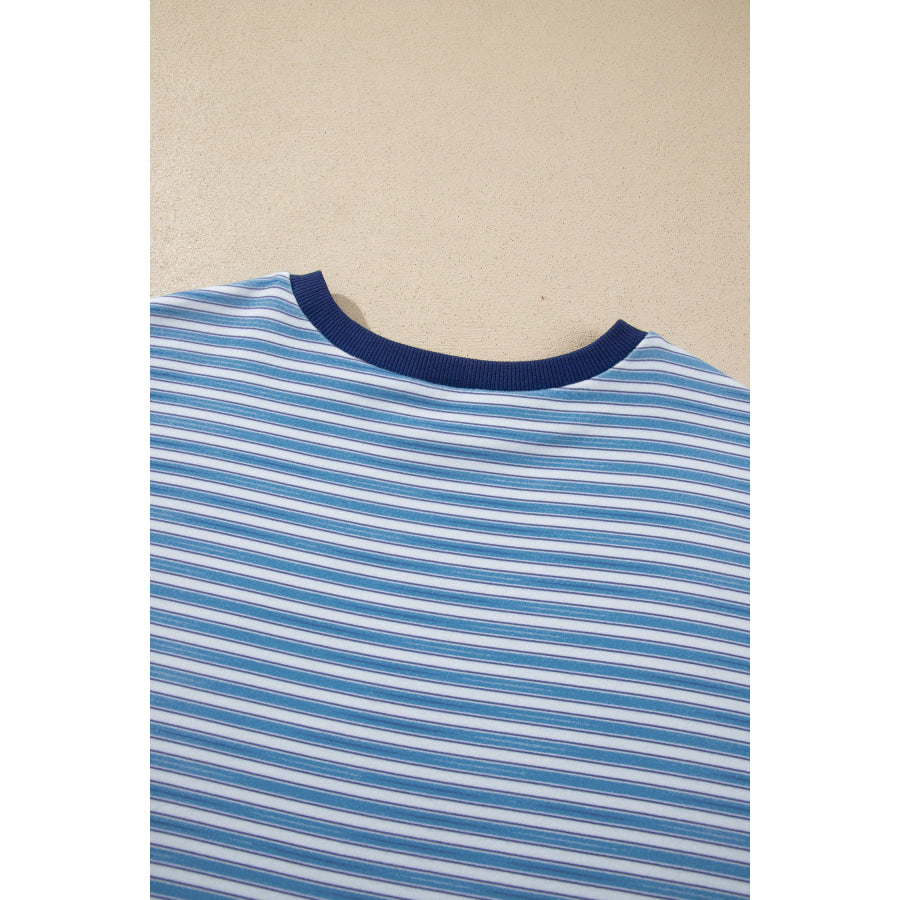 Sky Blue Stripe Long Sleeve Oversized Top Pocketed Casual Shorts Two Piece Set Sets/Short Sets
