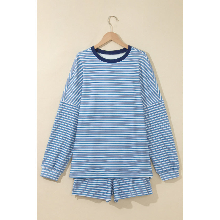 Sky Blue Stripe Long Sleeve Oversized Top Pocketed Casual Shorts Two Piece Set Sets/Short Sets