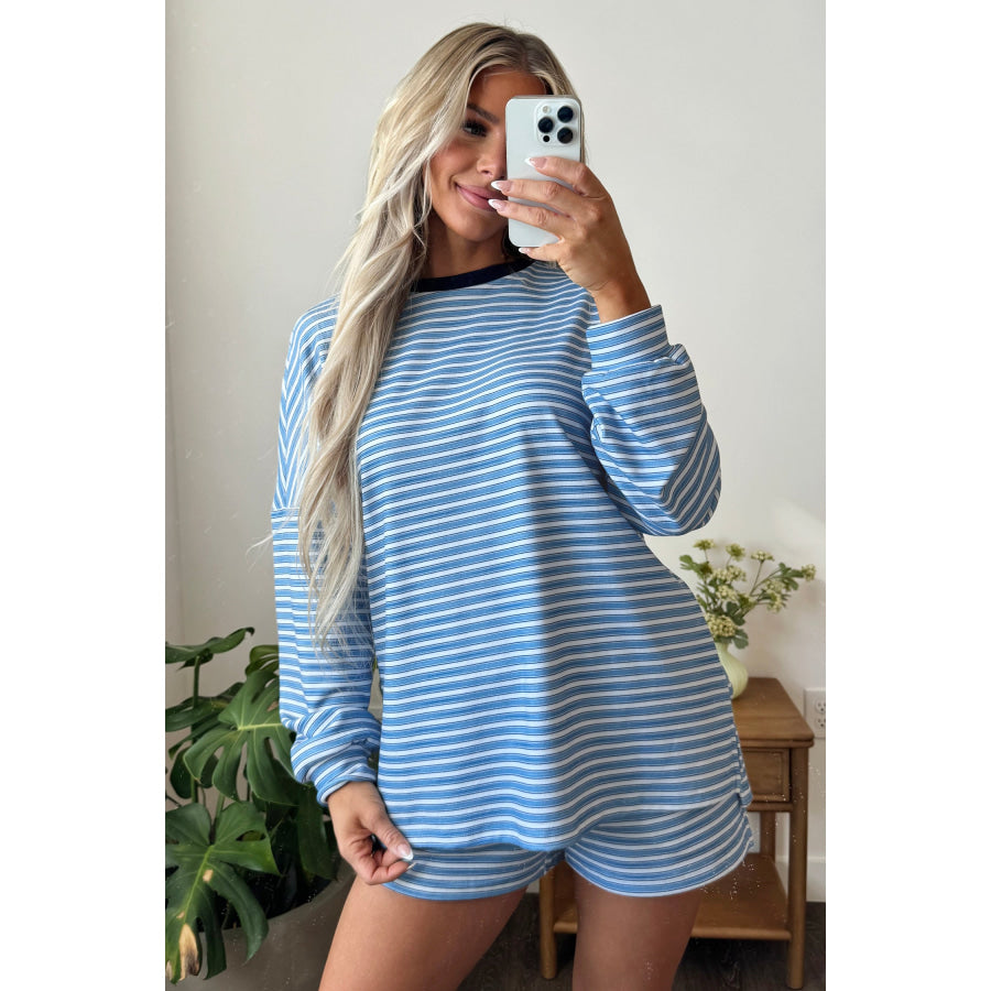 Sky Blue Stripe Long Sleeve Oversized Top Pocketed Casual Shorts Two Piece Set Sets/Short Sets