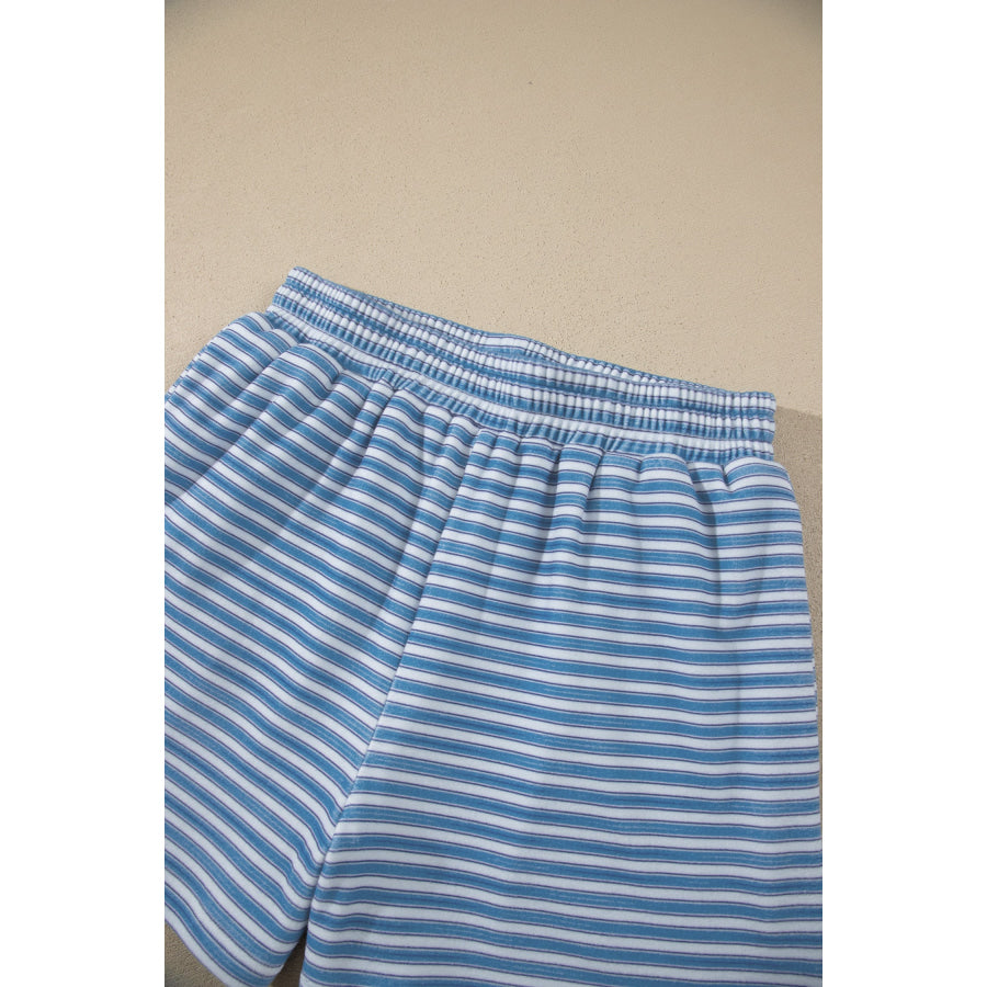 Sky Blue Stripe Long Sleeve Oversized Top Pocketed Casual Shorts Two Piece Set Sets/Short Sets