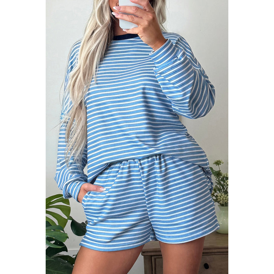 Sky Blue Stripe Long Sleeve Oversized Top Pocketed Casual Shorts Two Piece Set Sets/Short Sets