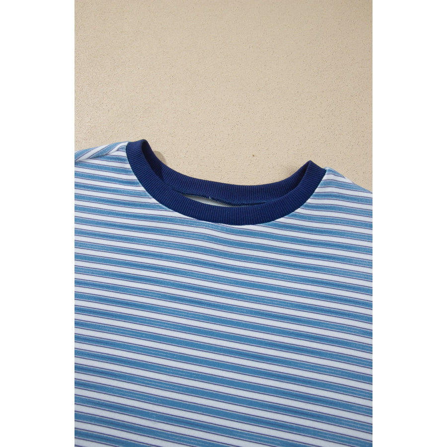 Sky Blue Stripe Long Sleeve Oversized Top Pocketed Casual Shorts Two Piece Set Sets/Short Sets