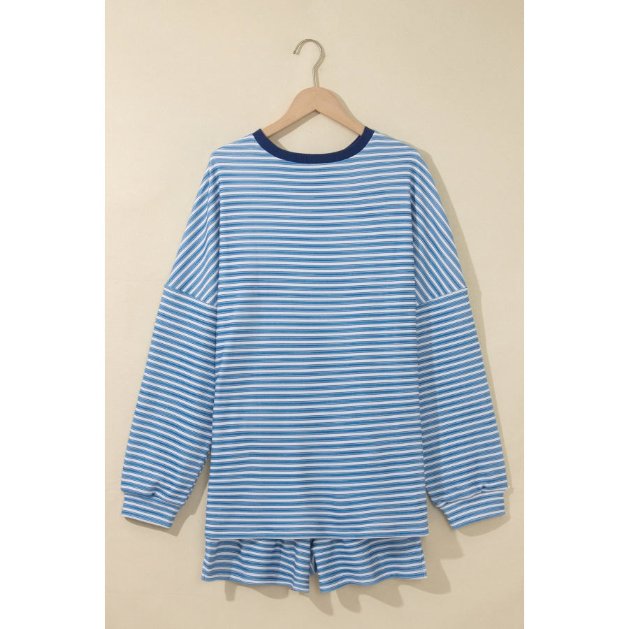 Sky Blue Stripe Long Sleeve Oversized Top Pocketed Casual Shorts Two Piece Set Sets/Short Sets