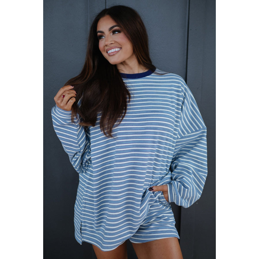 Sky Blue Stripe Long Sleeve Oversized Top Pocketed Casual Shorts Two Piece Set Sky Blue Stripe / S Two Piece Sets/Short Sets