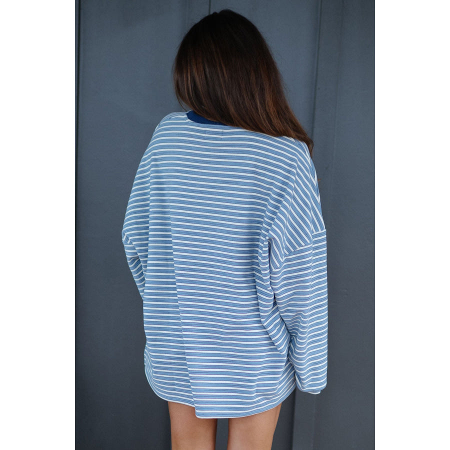 Sky Blue Stripe Long Sleeve Oversized Top Pocketed Casual Shorts Two Piece Set Two Piece Sets/Short Sets