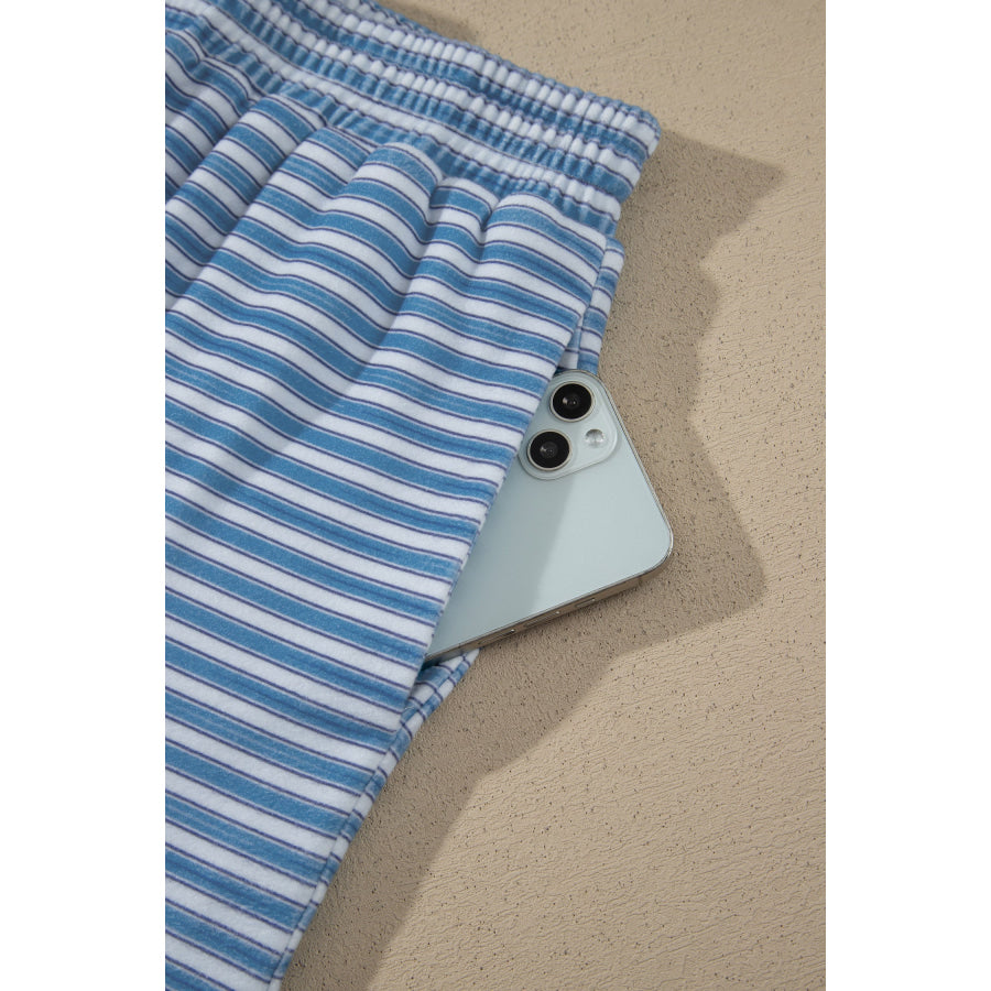 Sky Blue Stripe Long Sleeve Oversized Top Pocketed Casual Shorts Two Piece Set Sets/Short Sets