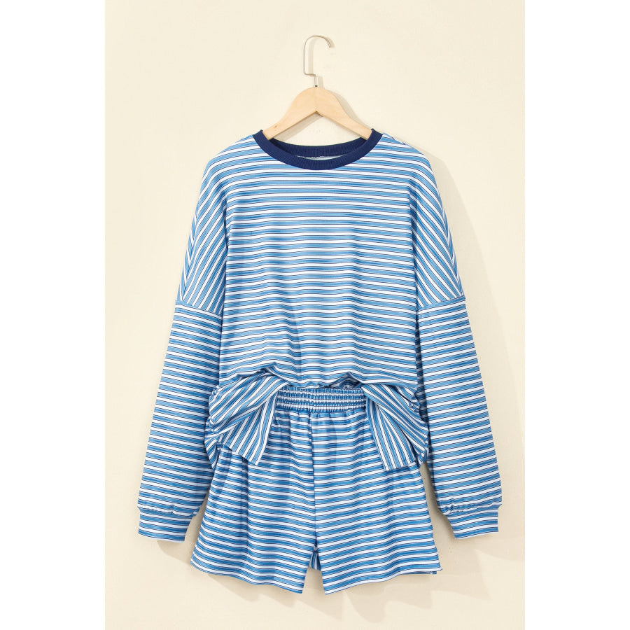 Sky Blue Stripe Long Sleeve Oversized Top Pocketed Casual Shorts Two Piece Set Sets/Short Sets