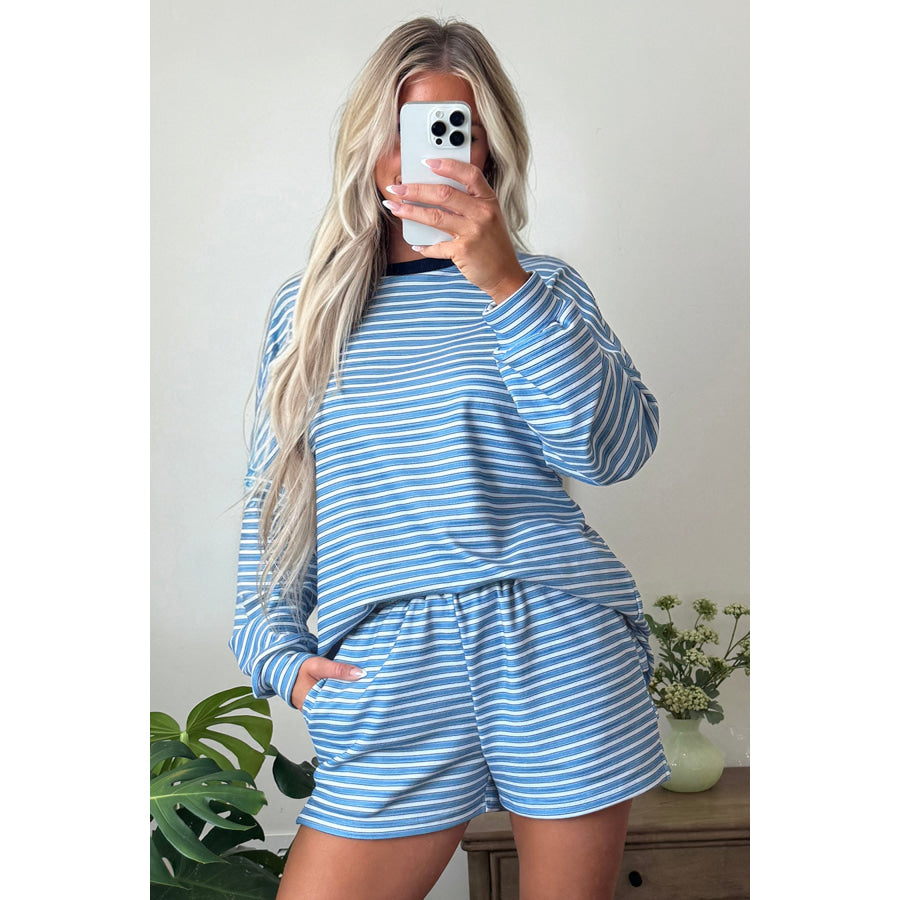 Sky Blue Stripe Long Sleeve Oversized Top Pocketed Casual Shorts Two Piece Set Sets/Short Sets