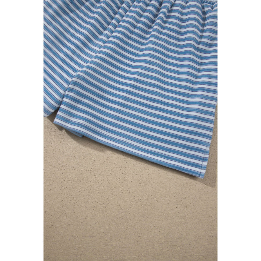 Sky Blue Stripe Long Sleeve Oversized Top Pocketed Casual Shorts Two Piece Set Sets/Short Sets