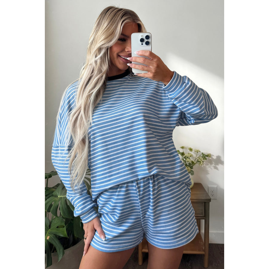 Sky Blue Stripe Long Sleeve Oversized Top Pocketed Casual Shorts Two Piece Set Sets/Short Sets