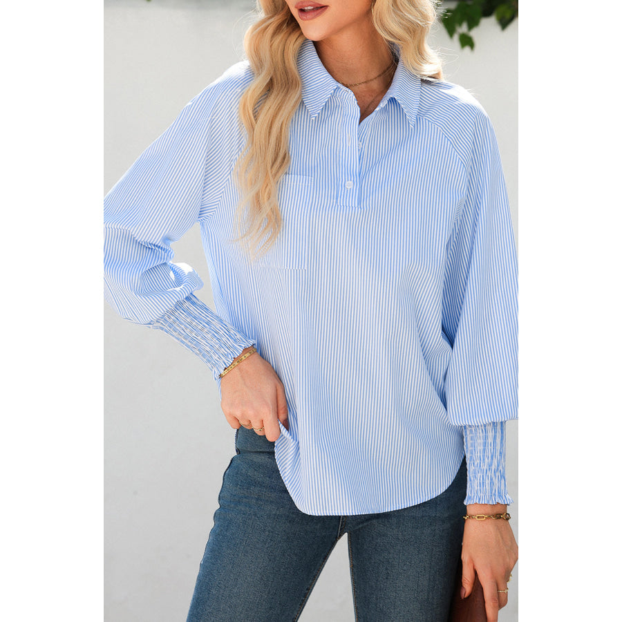 Sky Blue Stripe Pinstripe Long Sleeve Smocked Cuffs Button Shirt Collar Blouse Sky Blue Stripe / S / 65% Polyester + 35% Cotton