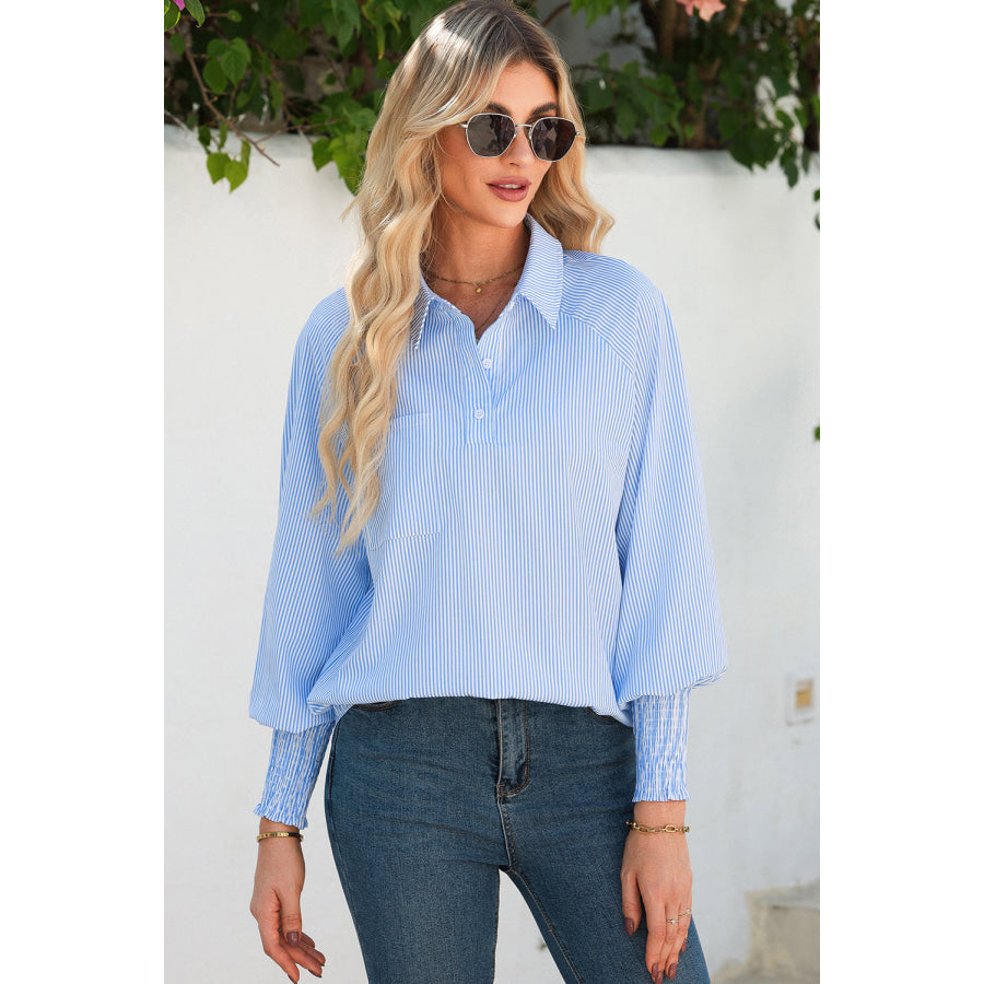 Sky Blue Stripe Pinstripe Long Sleeve Smocked Cuffs Button Shirt Collar Blouse Tops/Blouses & Shirts