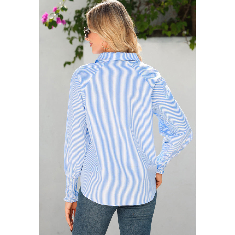 Sky Blue Stripe Pinstripe Long Sleeve Smocked Cuffs Button Shirt Collar Blouse Sky Blue Stripe / S / 65% Polyester + 35% Cotton
