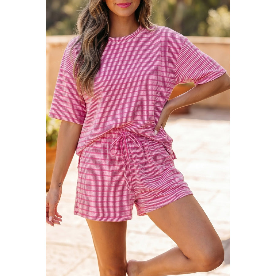 Sky Blue Stripe Raised Rib Loose Tee Drawstring Elastic Waist 2pcs Short Set Rose Stripe / S / 50% Viscose + 45% Polyester + 5% Elastane
