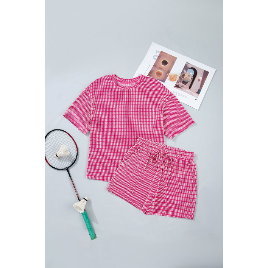 Sky Blue Stripe Raised Rib Loose Tee Drawstring Elastic Waist 2pcs Short Set Two Piece Sets/Short Sets