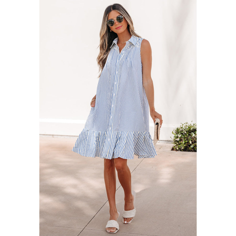Sky Blue Stripe Shirt Collar Shirred Detail Ruffle Hem Sleeveless Dress Dresses/Mini Dresses