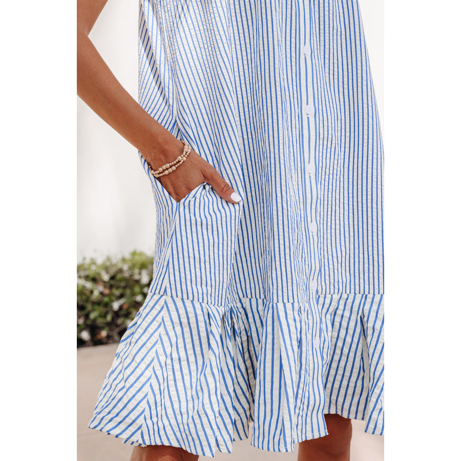Sky Blue Stripe Shirt Collar Shirred Detail Ruffle Hem Sleeveless Dress Dresses/Mini Dresses