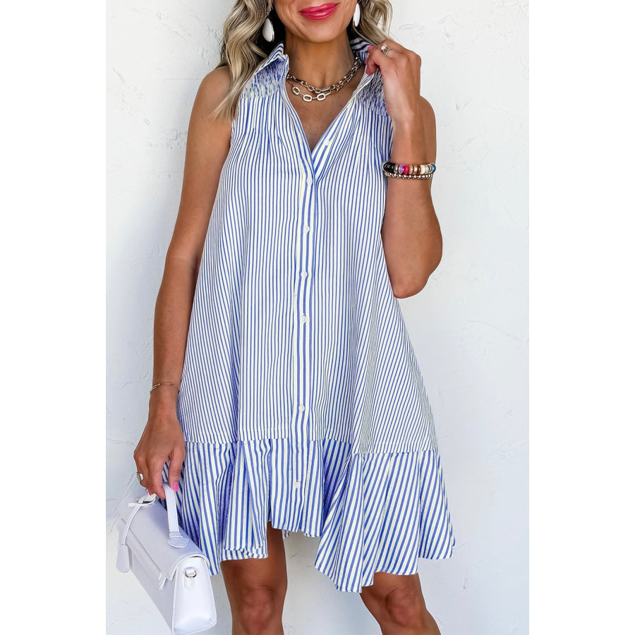 Sky Blue Stripe Shirt Collar Shirred Detail Ruffle Hem Sleeveless Dress Dresses/Mini Dresses