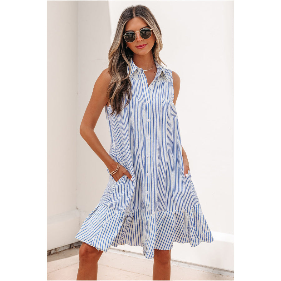 Sky Blue Stripe Shirt Collar Shirred Detail Ruffle Hem Sleeveless Dress Dresses/Mini Dresses