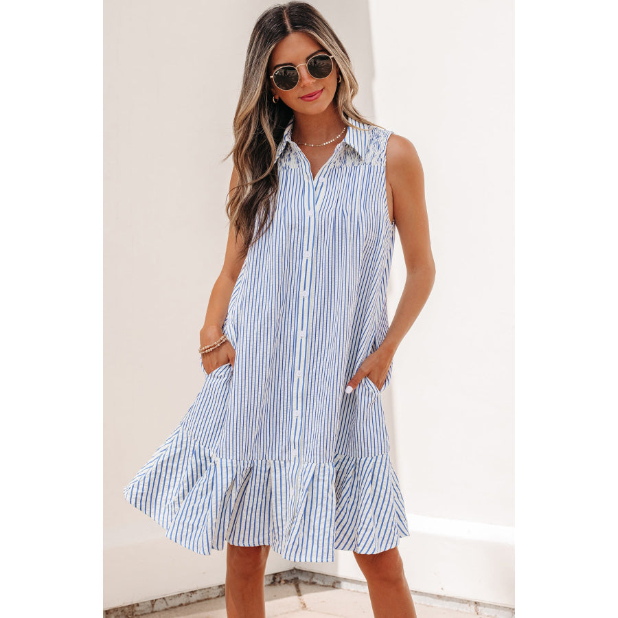 Sky Blue Stripe Shirt Collar Shirred Detail Ruffle Hem Sleeveless Dress Sky Blue Stripe / S / 100% Polyester Dresses/Mini Dresses