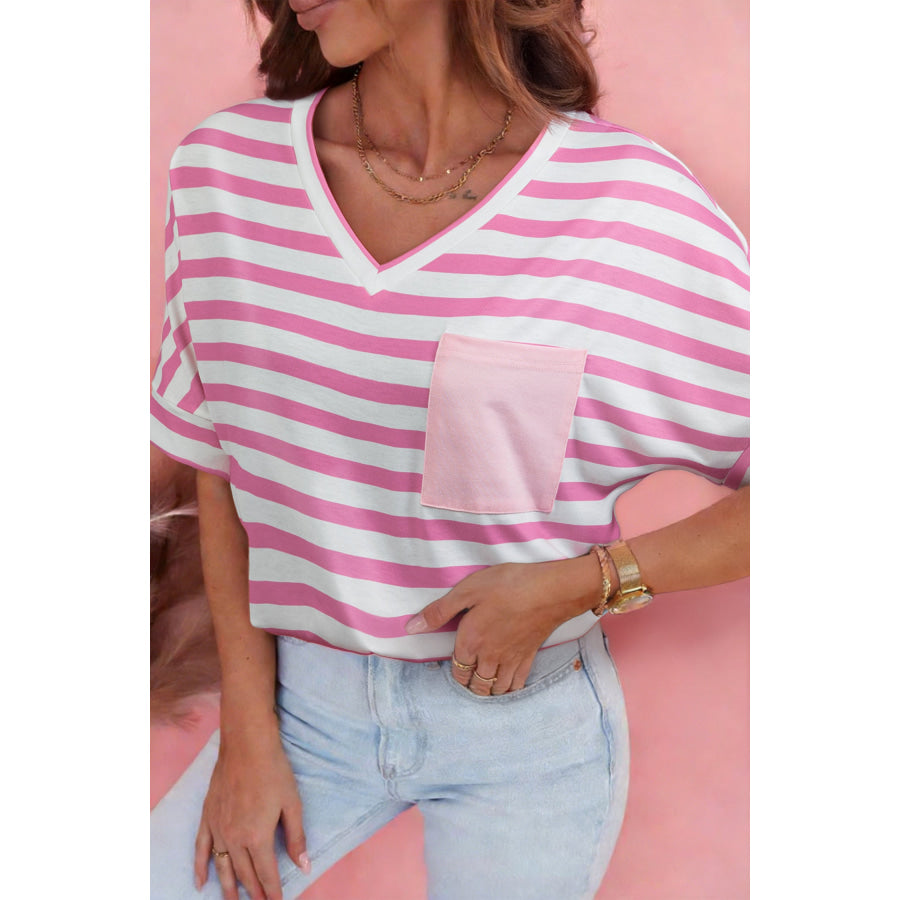 Sky Blue Stripe V Neck Patched Pocket Casual T Shirt Pink Stripe / S / 95% Polyester + 5% Elastane Tops/Tops & Tees