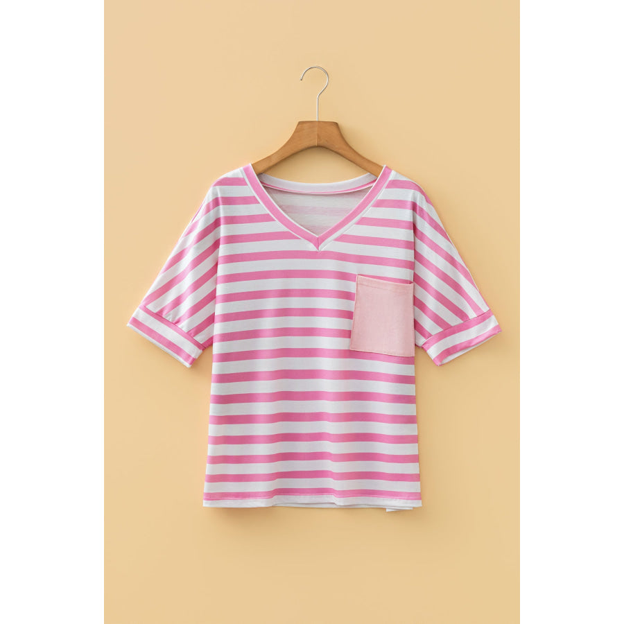 Sky Blue Stripe V Neck Patched Pocket Casual T Shirt Tops/Tops & Tees