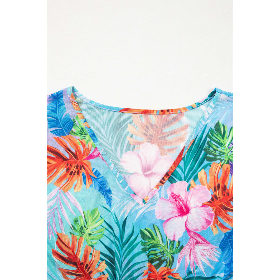 Sky Blue Tropical Print V Neck Semi Sheer Beach Cover Up Dress Swimwear/Beach Cover-ups